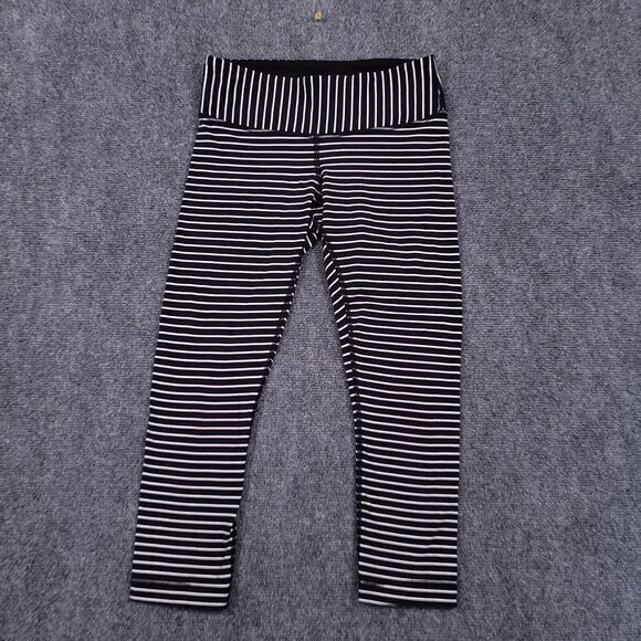 Lululemon Womens Size 4 Wunder‎ Under Crop Leggings Black White Striped Pull On - Picture 1 of 8